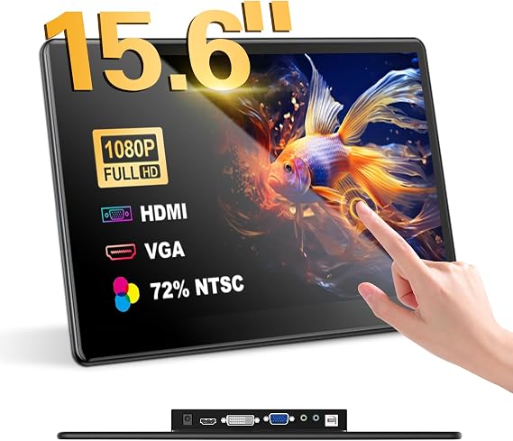 Golday 15.6 Inch Portable Industrial Screen Touch Display Touchscreen Monitor FHD 1920 × 1080 IPS for Laptop Screen VGA HDMI DVI Compatible with PC Laptop PS5/4 Xbox Mini PC/PS(HSDE156TPBB)