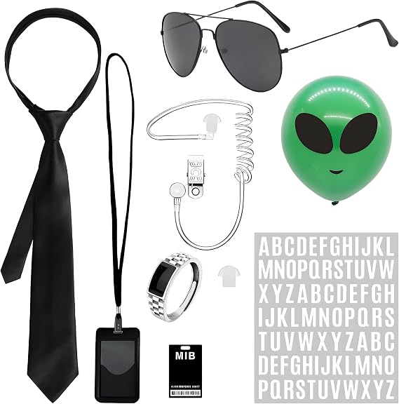 Double Agent Costume Accessories Set for Men & Women | Complete Men in Black Costume Kit with ID Card, Fake Earpiece, Zip Tie, Black Frame Sunglasses & Ring | Detective, Secret Agent Party Dress Up