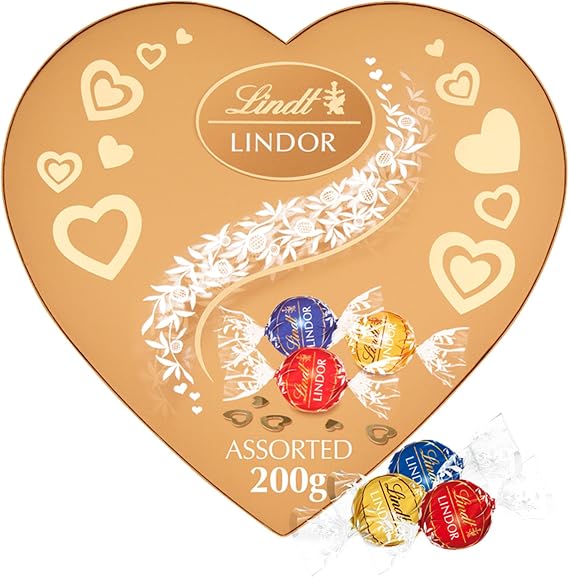 Lindt LINDOR Assorted Chocolate Heart Box 200g | Milk, White & Dark Chocolate Truffles | Smooth Melting Centres | Heart Shaped Chocolate Gift