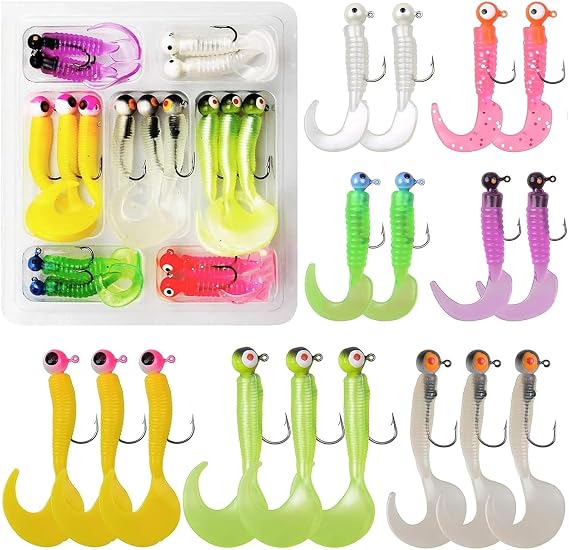 17pcs Fishing Soft Lures Jig Heads Hooks Kit Grub Worm Fish Baits Silicone Crappie Jigs Fishing Tackle for Bass Trout Pikes