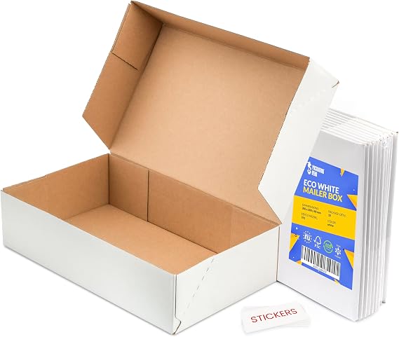 Packaging Hero 30 x 20 X 10 cm (aprox. 12" x 8" x 4") White Corrugated Cardboard Mailing Boxes, gift boxes, e-commerce box with free clear round stick