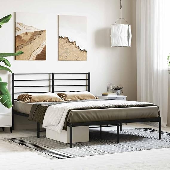 Metal Bed Frame with Headboard, Double Bed Frame with Storage 4ft 6in Steel Bedstead for Bedroom Adults Teenagers