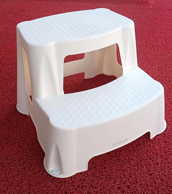 Kar Beyazı Kaymaz Taban Yükseltici Basamak 120kg taşıyan 2 Basamaklı Merdiven Çocuk Lavabo Taburesi