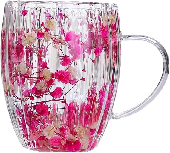 JCHENG SECURITY High Borosilicate Glass Double-Layer Dry Flower Cup Striped Household Anti-Scald Insulated Coffee Cup Creative Style with Handle (Deep Pink)