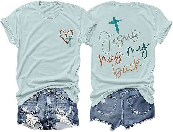 Tuislay クリスチャンシャツ 女性用 Jesus Has My Back Tシャツ 神聖書 詩 シャツ 信仰 十字架 Tシャツ インスピレーション Tシャツ トップ