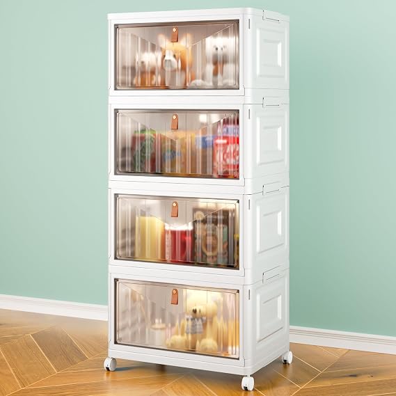 4 Tier Storage Bin with Lid, 23 Quart Stackable Closet Organizer with Wheels Storage, Foldable Storage Box, Foldable Plastic Storage Container for Home, Office, Dorm Room - White