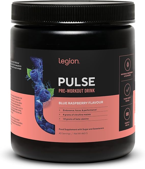 Legion Pulse Pre Workout Supplement - All Natural Nitric Oxide Preworkout Drink to Boost Energy, Creatine Free, Naturally Sweetened, Beta Alanine, Citrulline, (Caffeinated Blue Raspberry)