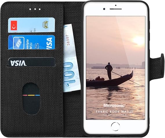 Microsonic Apple iPhone 8 için Kılıf Fabric Book Wallet Siyah [iPhone 8 ile Uyumlu Kılıf - Siyah]