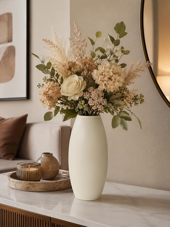 23 cm Oval Dekoratif Seramik Krem Vazo