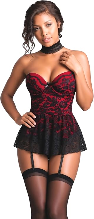 New Dreams Kadın Kırmızı Siyah Dantel Straplez Jartiyerli Babydoll Gecelik Takımı Çoraplı Push-Up Destekli Seksi Kadın İç Giyim