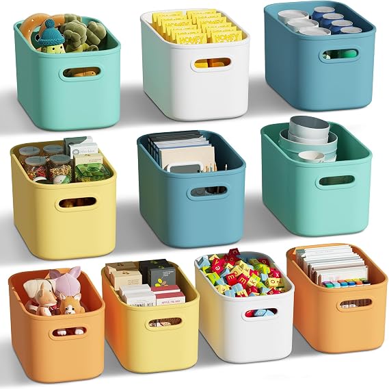 ORGIDOL 10 Pack Colorful Plastic Storage Bins, Storage Container for Organizing, Colored Storage Boxes with Handle for Shelves, Cute Organizer Bins for Craft, Snacks, Cabinet, 9.69x6.7x5.7 inch