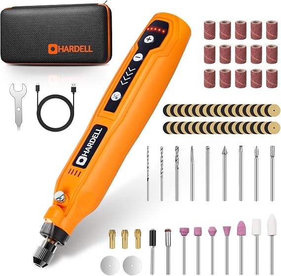 HARDELL Mini akülü döner alet, 5 vitesli ve USB şarjlı döner alet seti, 55 aksesuarlı, çok amaçlı 3,7 V güç döner alet zımparalama, cilalama, delme, oyma, kendin yap el sanatları için
