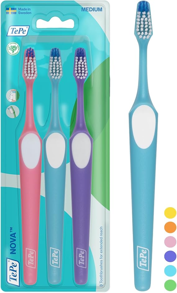 TePe Nova Toothbrush, Medium, Assorted Colours, 3pcs