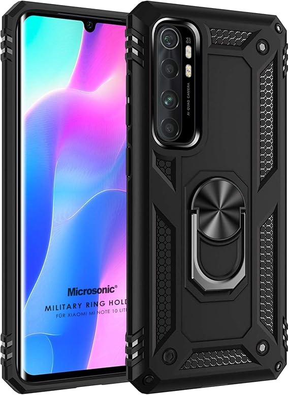 Microsonic Xiaomi Mi Note 10 Lite için Kılıf Military Ring Holder Siyah [Mi Note 10 Lite ile Uyumlu Kılıf - Siyah]