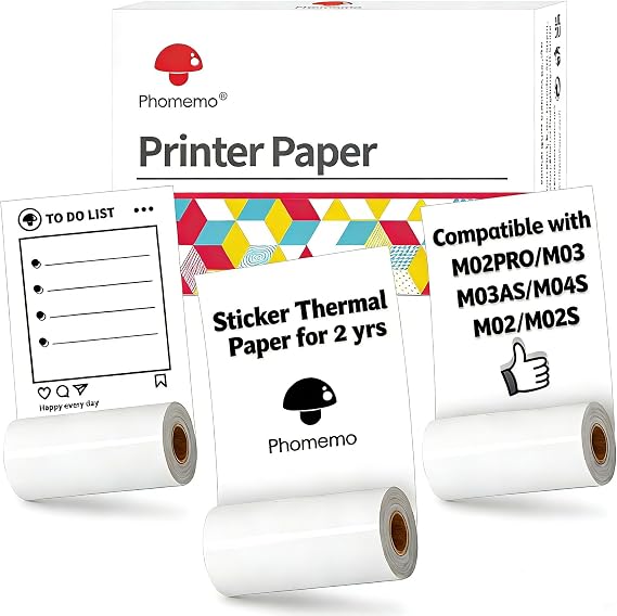 Memoqueen Phomemo Yazıcı Kağıdı Beyaz Kendinden Yapışkanlı Termal Etiketler, Phomemo M02/M02 Pro/M03/M02S Cep Bluetooth Termal Yazıcı için, 50 mm x 3,5 m, 3 Rulo Etiket