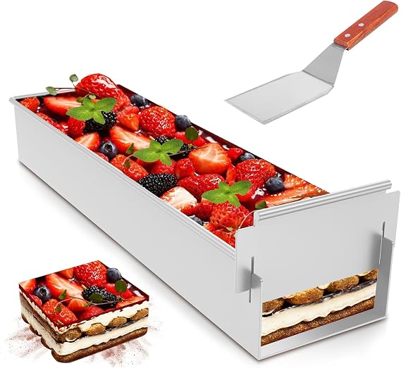 Muross Tiramisu Pan Tiramisu Tray, Rectangular Mousse Cake Mould, Nonstick Aluminum Cake Baking Tray with Removable Baffle Plate, Adjustable Cakes Tin for Cheesecake Mousse Brownies(Style A)