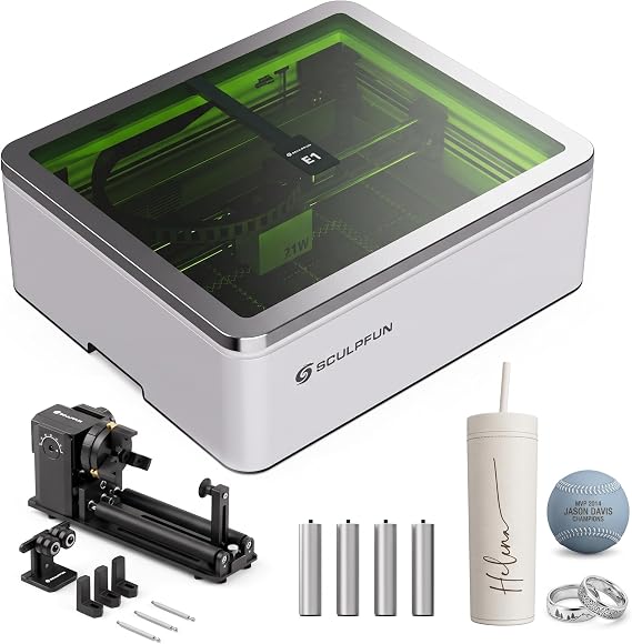 SCULPFUN E1 Pro 21W Laser Engraver Cutter with RA Pro Max Rotary Roller