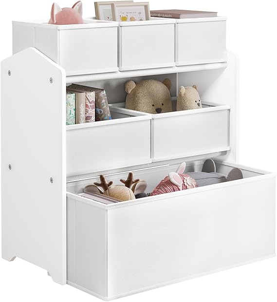 Lestarain Kids Storage Unit with 9 Toy Boxes - Kids Toy Organiser for Playroom & Bedroom, White, MDF+Fabric, 92x30x60/68cm