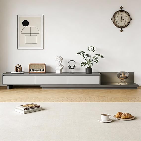 Extendable TV Unit with 3 Drawers, Adjustable Length 200-330cm (78.7"-130") Floating media unit, Walnut TV Stand for 65 Inch TVs, Space-Saving Grey Media Unit for Living Room & Bedroom