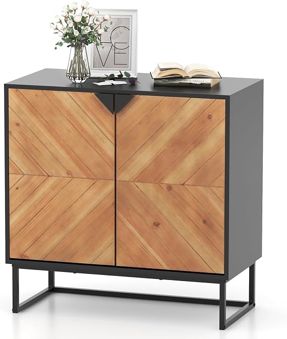 TANGZON Buffet Sideboard, 2-Door Wooden Kitchen Cupboard with Anti-Tipping Kits & Metal Legs, Floor Standing Storage Cabinet Console Table for Entryway Living Dining Room (Black)