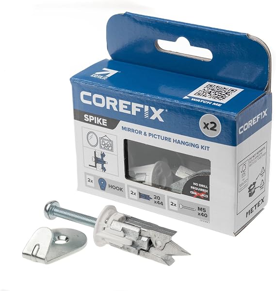 Corefix Spike Mirror/Picture Hanging Kit Pack of 2 - Heavy Duty Plasterboard Fixings with Hooks for Hanging Mirrors Pictures or Canvas. Easy to Install with NO Drill Required.