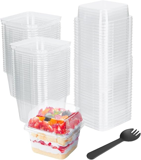50 Pack 8 oz Square Parfait Cups with Lids & Spoons - Clear PET Dessert Containers for Yogurt, Ice Cream, Mousse, Cupcakes