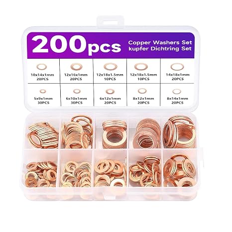 200 Pcs Copper Washers Assorted, Flat Washers Kit,Sump Plug Washer-9 Sizes