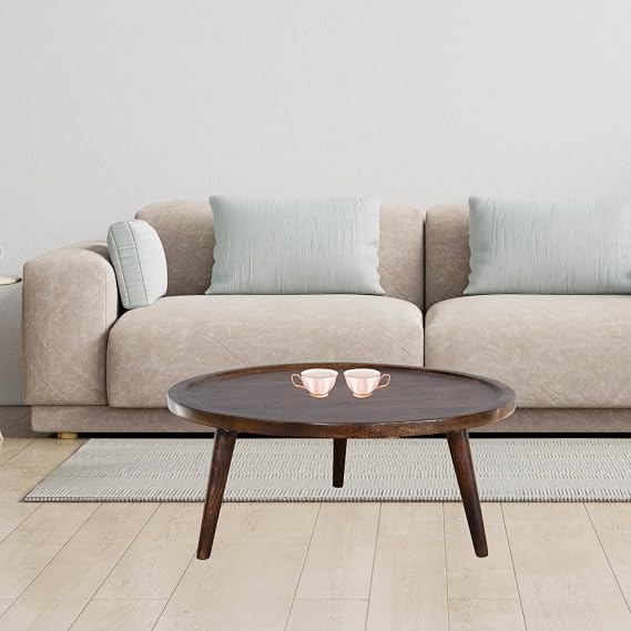 IH DESIGN Low Round Coffee Table with 3 Legs, Solid Walnut Mango Wood Coffee Table for Living Room, Dark Lacquered Finish, Traditional Wooden Centre Table