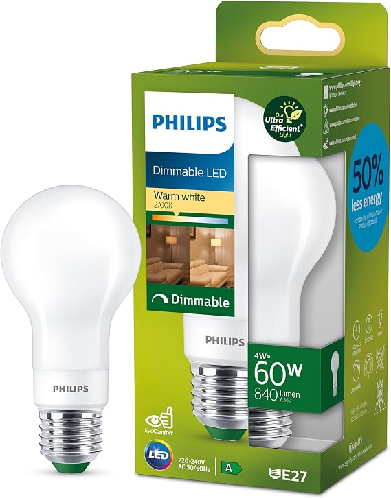 Philips Ultra Efficient - Ultra Energy Saving Lights, LED Light Source, 60W, E27, A60, Frosted Glass, Warm White Light, 2700 Kelvin, dimmable, Matt [Energy Class A]