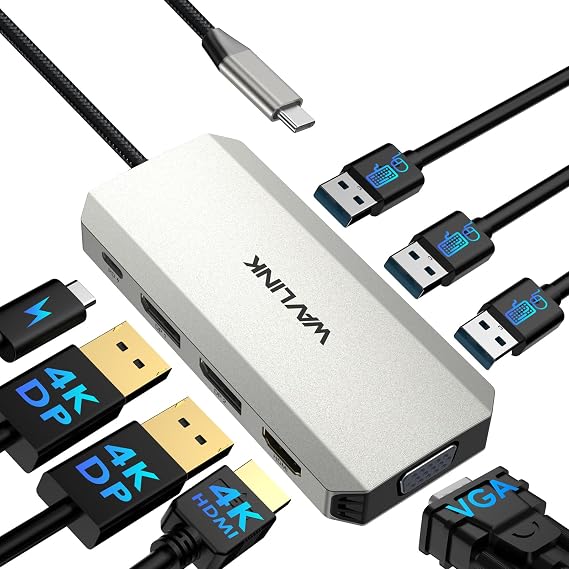 WAVLINK Laptop Docking Station, Quad Monitor Docking Station with Dual DP, HDMI, VGA, 100W PD IN, 3 USB A2.0 for Wireless Devices, Compatible with Dell/HP/Lenovo etc., Only for Computers with Windows