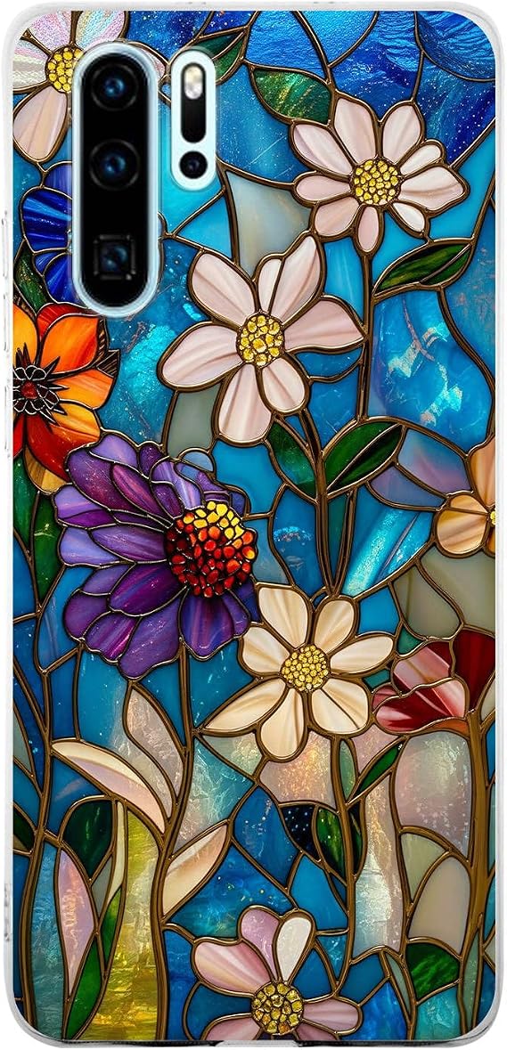 PrintiFy Huawei P30 Pro ile Uyumlu Vitray Mavi Bahar Tasarımlı Şeffaf Silikon Kılıf