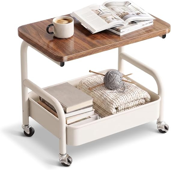 Tekerlekli araba, 2 katlı, ahşap plakalı mutfak arabası, metal saklama arabası, 360° tekerlekli servis arabası, mutfak, banyo, oturma odası için mobil sehpa (krem, 2 kademeli)