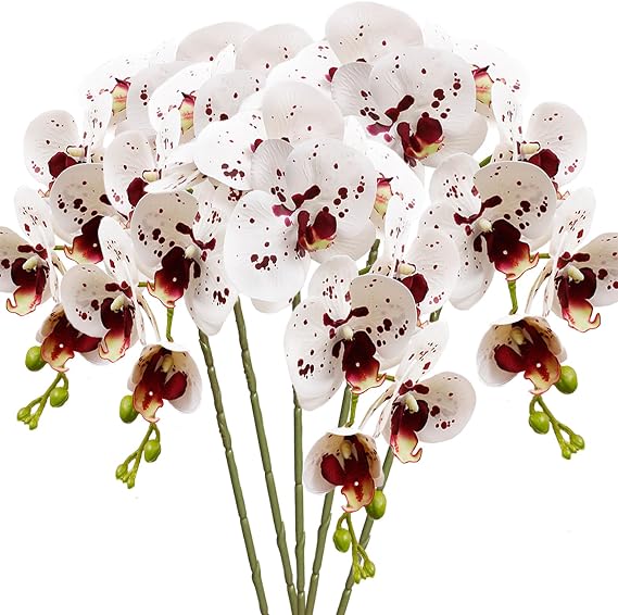 HinyoCo 5 Pcs Artificial Phalaenopsis Flowers Artificial Orchid Flowers 32 Inch Stem Plants for Home Wedding Decoration (White with Spots)
