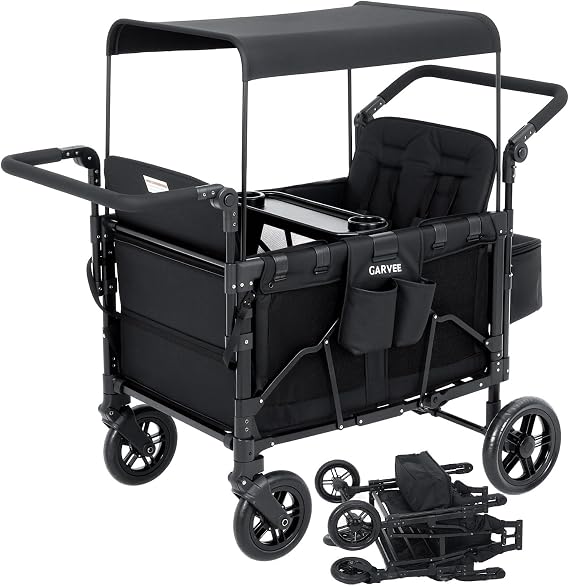 4 Seater Stroller Wagon for Kids, Foldable 4 Kids Wagon Stroller with Removable Canopy, Adjustable Push/Pull Handle, Storage Pocket, Convertible Seats, Snack Tray, Black 4 Seat Wagon Wtroller
