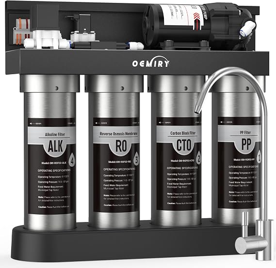 Alkaline UV Reverse Osmosis System Stainless Steel 500 GPD Tankless RO Water Filter 8 Stage Remineralization Under Sink Water Filtration with Faucet 2:1 Pure to Drain
