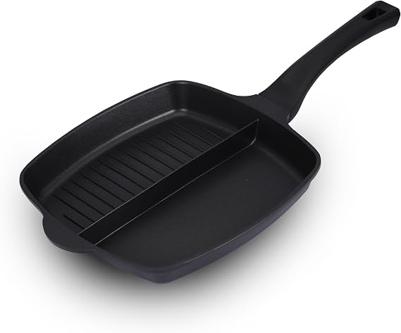 2 Section Griddle Pan 28cm, Non Stick Induction Grill Pan, Divided Frying Pan for Eggs, Bacon, Burgers & Pancakes, Cast Aluminium Breakfast Pan, Suitable for All Hob Types