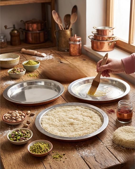 Bakır Künefe Tabağı 3'lü Set, 26 cm, Gümüş ve Bakır, Kadayıf Tepsisi, Geleneksel Sunum