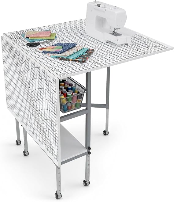 Sew Ready Foldable Hobby and Cutting Grid Table - 58.75" W x 36.5" D White Arts and Crafts Table with Grid Top and Silver Storage Drawers