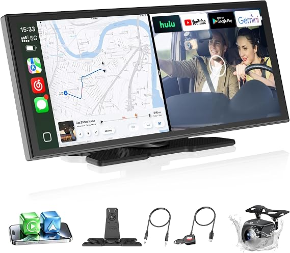 OTTOCAST OttoScreen AI 11.4 Inch Carplay Display for Apple CarPlay & Android Car Android 15 with Google Play Gemini AI Voice Assistant Navi GPS Split Screen Dual WiFi/BT Includes Reversing Camera