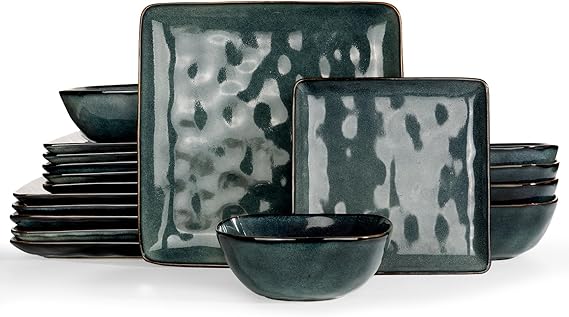 Richmount Ocean Square Plates and Bowls Set, 18-Piece Reactive Glaze Stoneware Dinner Set for 6 People, Dishwasher & Microwave Safe, Stylish & Durable Dinnerware Sets, Service for 6, Moss Green