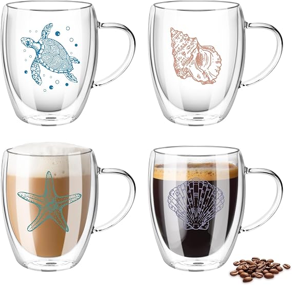 Top-spring Set of 4 Double-Walled Glass Coffee Cups with Sea Motif 350 ml Latte Macchiato Glasses with Handle Insulated Glass Cups for Coffee Tea Cappuccino & Espresso
