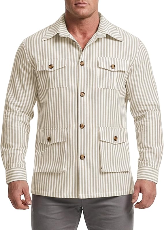 Men's Regular-Fit Long-Sleeve Casual Shirt Striped Four Pocket Top
