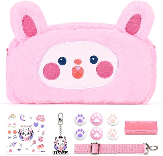 Switch Case for NS Switch, innoAura 11 in 1 Switch Accessories Bundles with Switch Carrying Case, Switch Game Case, Switch Thumb Caps, Detachable Shoulder Strap, Cute Pendent (Pink Rabbit)