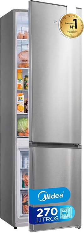 Midea No Frost Combi Refrigerator | 55 cm wide x 180 cm | Stainless Steel | 270L Capacity - Free Installation Fridge with Vertical Freezer - Low Consumption Refrigerator with Multi Air Flow System [Energy Class E]