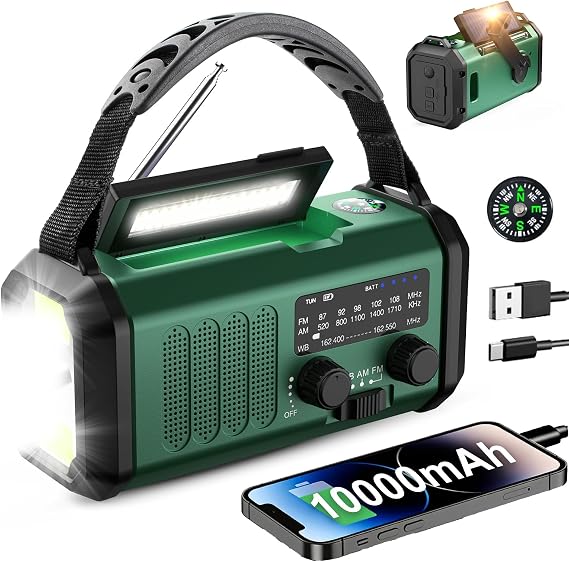 10000 mAh Krank Radyo, Acil Durum Radyosu, Güneş Radyosu, NOAA/AM/FM Hava Radyosu, USB Tip C Şarj, Dinamo Radyo, Polimer Pil, El Feneri ve LED Okuma Işığı, SOS Alarmı, Kamp için Pusula