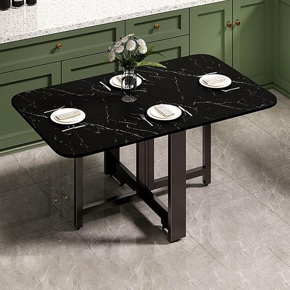 Foldable Dining Table,Extendable Drop Leaf Table with Adjustable Foot Pads Anti Fall Bracket,with Metal Frame, Drop Leaf Tables for Small Spaces, Living Room(Black stone pattern,120cm)