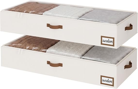 StorageWorks Under Bed Storage Boxes with Clear Cover, Ivory White, 2-Pack