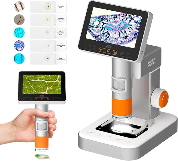 MX2-AS USB Digital Microscope for Kids Adults, MatataStudio 2-in-1 Handheld Miniscope Portable Microscope 1600X with 4.3'' HD Screen LED Camara WiFi 4K 1080P Smart Dyeing Microscopes for School Lab
