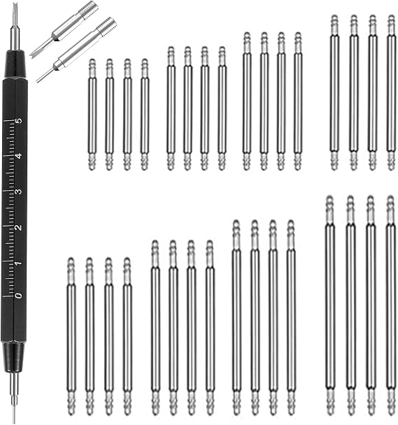 Spring Bar Tool Watch Strap Replacement Tool, Spring Bar Remover with 2 Replacement Needles, Built-in Ruler, Stainless Steel Band Pins, 32 Watch Strap Pins (12-26mm)