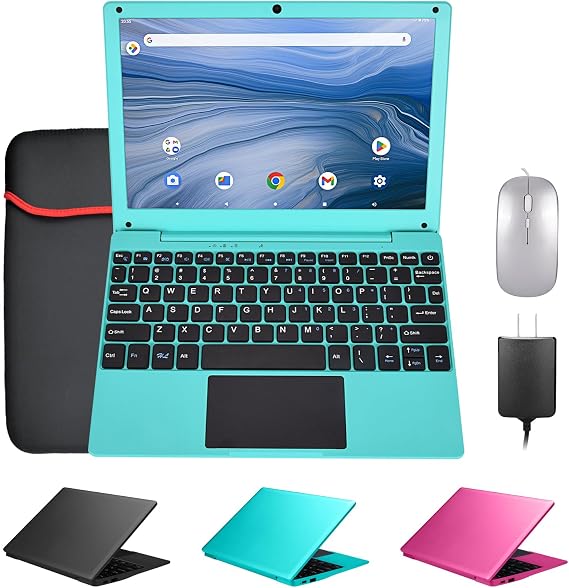 Mini 10.1" Android 12 Laptop Allwinner A133 CPU Android 12 OS 2GB RAM 64GB EMMC HD IPS Screen Portable Small Netbook Computer with Pixel 0.3MP Camera Blue